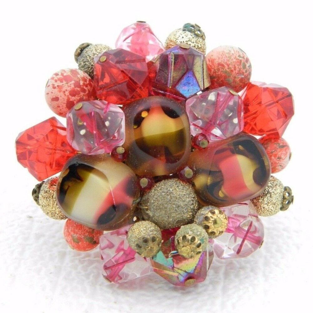 VTG WESTERN GERMANY Gold Tone Pink Red Glass Bead